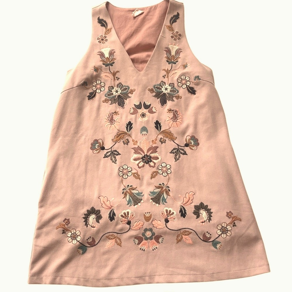 BY TOGETHER pink faux suede rayon fall dress floral embroidered